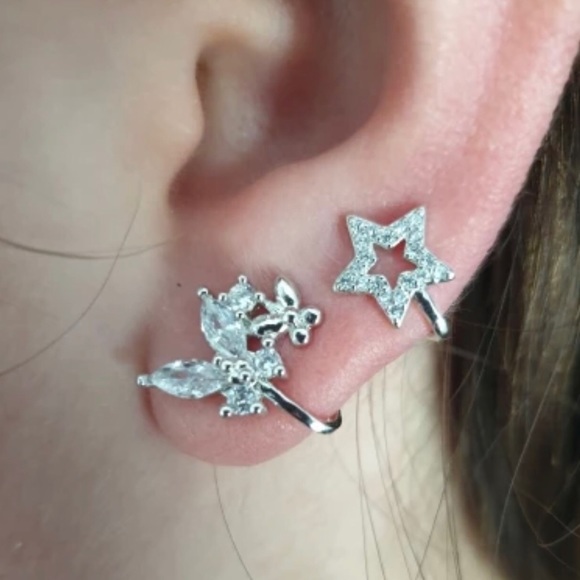 925 Silver CZ Butterflies and Stars Wrap Earrings - Picture 3 of 5